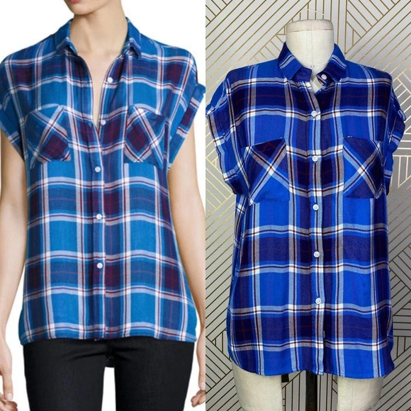 Rails Britt Plaid Cap-Sleeve Shirt in Santorini Royal Blue Size US XS - Picture 1 of 11